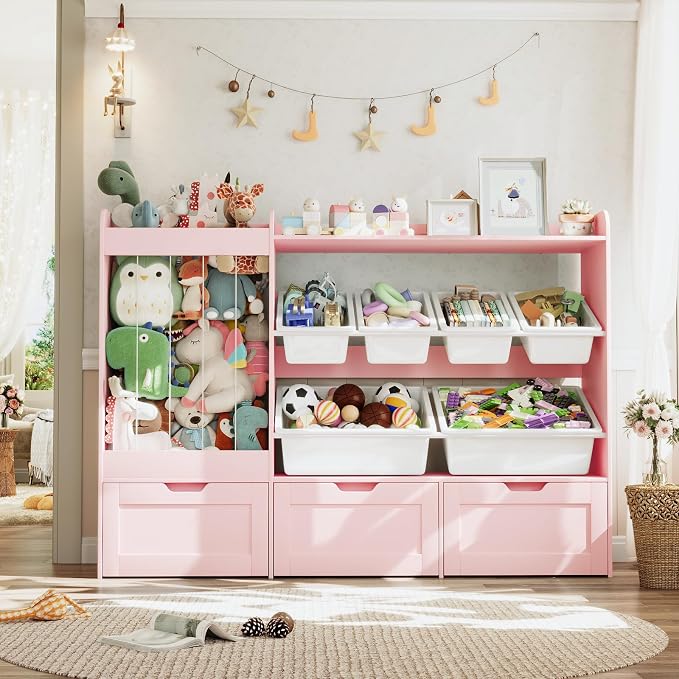 VontinT 50.6" W Wooden Toy Organizer with Stuffed Storage & Bins & Drawers | Large Storage Cabinet with 6 Plastic Bins, 3 Rolling Drawers, 140L Stuffed Animal Zoo, Toddler Shelf for Kids Playroom, Pink - Image 7