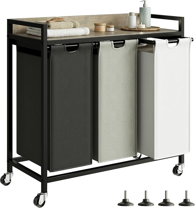 Herture Laundry Hampers with Shelf, Laundry Basket 3 Section, 3 x 15.87 Gal | Laundry Sorter with Pull-Out Removable Large 3 Color Bags and Movable Wheels, Metal Frame, Greige PF04XLZ by Herture