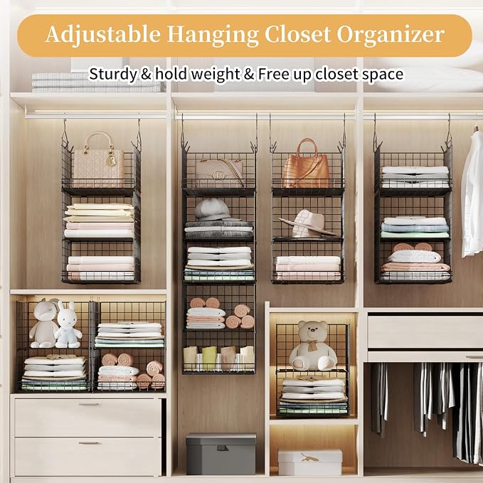 Yuyetuyo 5 Tier Closet Hanging Organizer and Storage Separable Hanging Closet Shelves with 4 Hooks 2 Adjustable Dividers, Wire Storage Basket Bins for Clothing Sweaters Socks Dolls Handbags, Foldable - Image 7