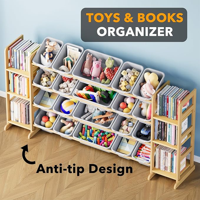 SpaceAid Toy Storage Organizer with 6 Shelves and 20 Bins, Toy Organizers Storage Bookshelf, Kids Bin Shelf Toys Box Bookcase for Bedroom Playroom Organization Room Decor, Neutral Gray - Image 4