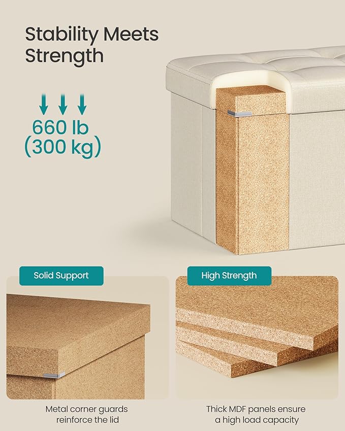 SONGMICS MAZIE Collection - 30 Inches Folding Storage Ottoman Bench, Ottoman Foot Rest, End of Bed Bench, Storage Chest, Load 660 lb, for Living Room, Bedroom, Entryway, Cream White ULSF47BE - Image 6