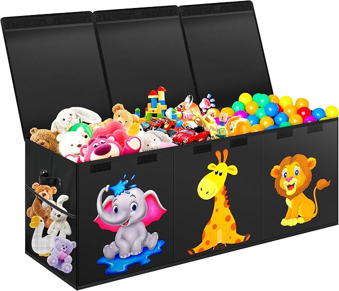Extra Large Toy Box, Collapsible Storage Organizer with Lids, 40"x14"x16" | Black Cute Animals Kids Toy Chest Storage Bins Boxes for Boys Girls, Bedroom Nursery Playroom Organization by Mabahoo