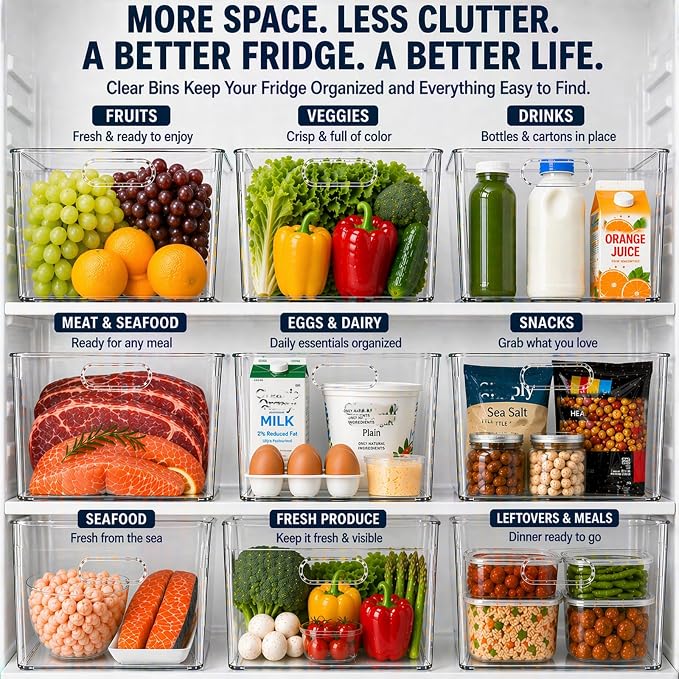 MOONEDGE 6 Pack Clear Organizer Bins 11x8x6in Pantry Organizers and Storage | Clear Containers for Organizing, Plastic Storage Bins with Handles for Drawer, Craft, Fridge, Kitchen Cabinet Shelf - Image 6
