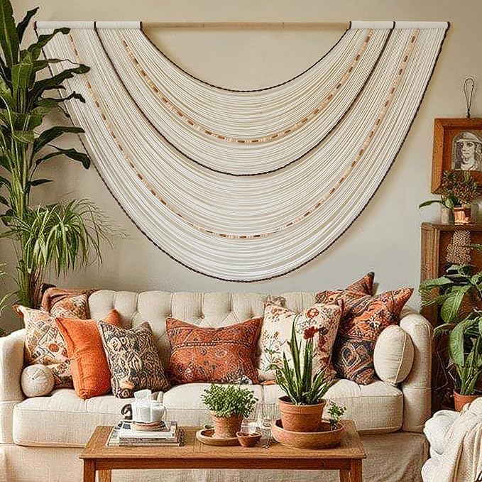 Macrame Wall Hanging Boho Wall Decor Beaded Fiber Art Handmade 57"W*35"L | Beaded Wall Art, Handmade Textile Design, for Bedroom Living Room Entryway, Easy Installation, Handcrafted Craft by FLBER