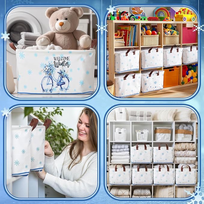 CHENGU 6 Pack Winter Storage Basket Collapsible Snowflakes Basket for Gifts Gnomes Holiday Decor Large Snowman Bin Foldable Blue Hello Winter Box with Handle for Bedroom Office Home - Image 6