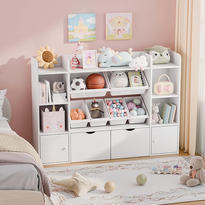 Xilingol Kids Toy Storage Organizer W/6 Removable Toy Bins, 4-Tier Toy Organizers W/6 Storage Cubbies and 2 Movable Drawers, Kid Bookshelf and Toy Storage for Playroom, Bedroom, Kids Room (White) - Image 3