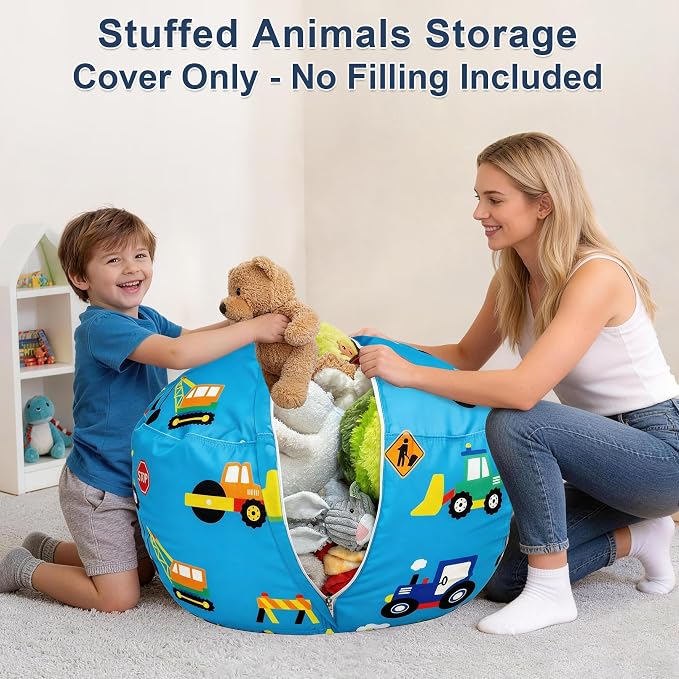 Lukeight Construction Animal Storage Bean Bag Chair Cover for Kids, Velvet Plush Toy Organizer Seat, Cover Only, No Filling Included, Long YKK Zipper, Side Pocket, Large 27"D x 16"H - Image 4
