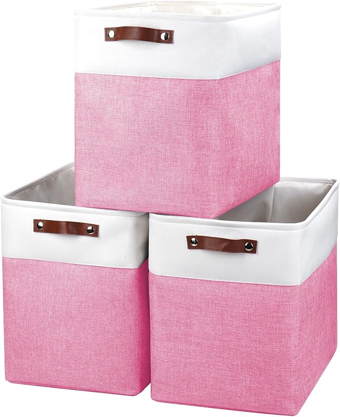 Large Fabric Storage Baskets | 50L Storage Bins, Decorative Linen Closet Baskets with Handles for Organizing, Shelf, Toys, Clothes, Home, Office, Nursery, 17x12x15Inches (Pink&White) by Bagnizer