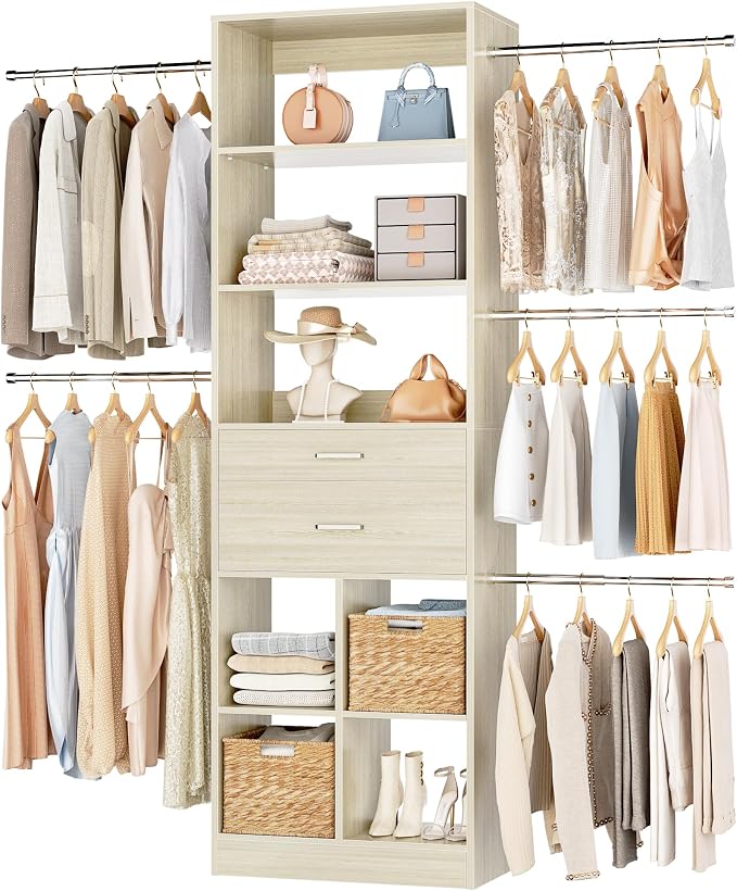 Besiost Small Closet System, 3.2-6.8FT Small Closet Organizer with 5 Hanging Rods, Can Fit 37.5 to 81.9 inch Walk-in Closet System, Built-in, Greige Oak, Enclosed Storage Volume 2.32 ft³ by Besiost