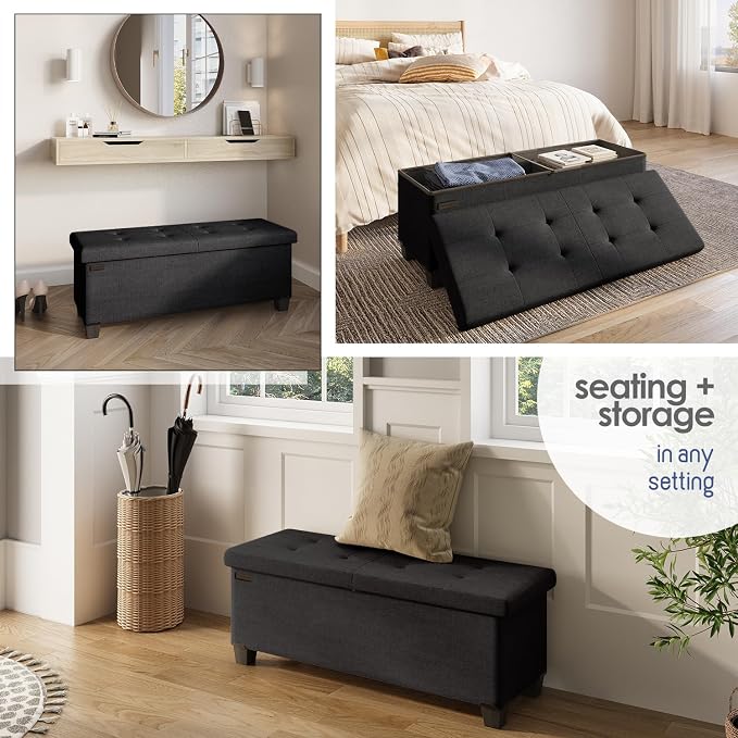 Storage Ottoman Bench with Bins, 43-in Storage Bench for Bedroom End of Bed, Folding Foot Rest Ottoman for Living Room Max 660lbs, Fabric Ottomans, Black - Image 4