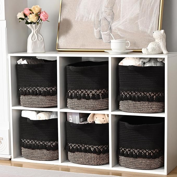 2 Pack Storage Basket for Shelves, Boho Cotton Rope Storage Bins with Heavy Tassel, Shelf Baskets Large Woven Baskets for Organizing, Cube Organizer Bins, Baby Laundry Basket for Clothes, Toys, Pets - Image 4