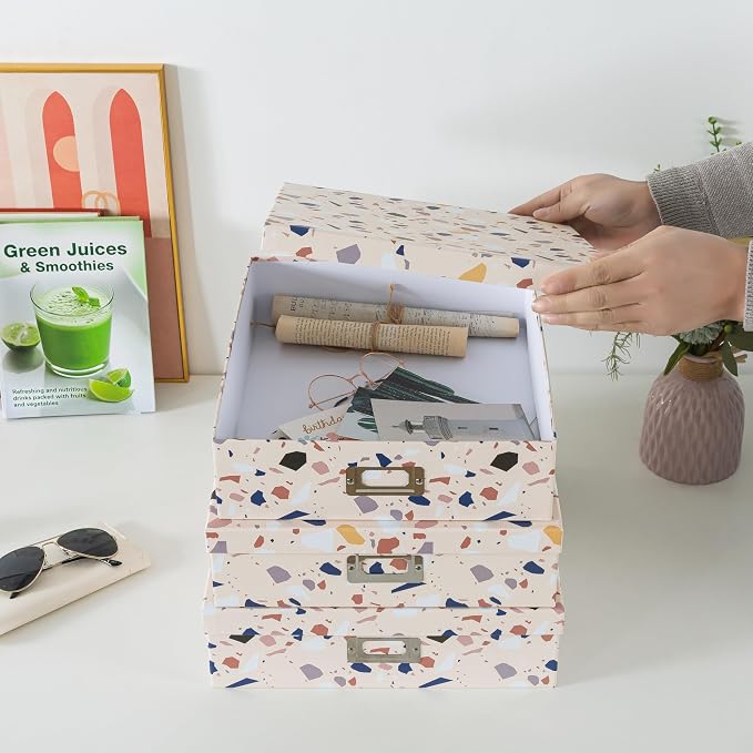 Soul & Lane - Cardboard Storage Boxes with Lids, Set of 3, Terrazzo | Cute Decorative Photo Box Set for Home Office, Nesting Keepsake and Memory Organizers for Scrapbooks and Documents - Image 2