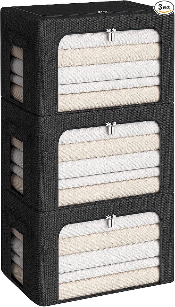 CYhom 3Pack Foldable Storage Bins - Frame Storage Box Linen Fabric Stackable Clothes Container Organizer with Clear Window & Carry Handles Large Capacity (Medium-36L, Black) by CYhom