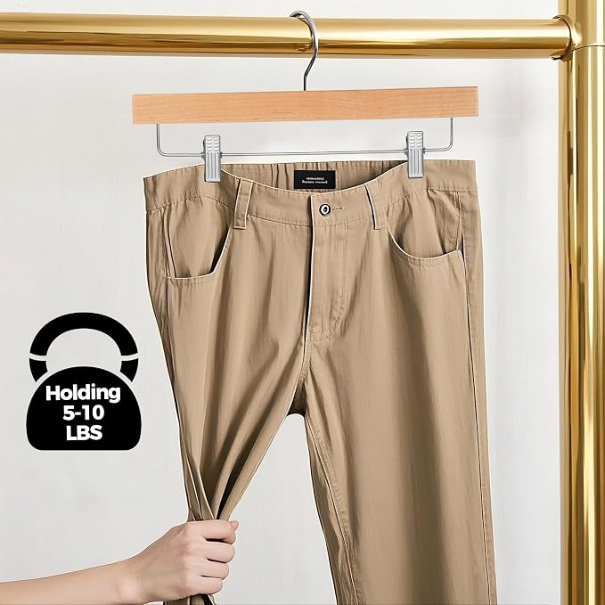 Quality Hangers Wooden Pants Hangers - 20-Pack Swivel Hook Cloth Hanger Set - Lotus Wood Skirt, Pant, Shorts and Slack Hangers with Adjustable Clip (Natural, 20) - Image 5
