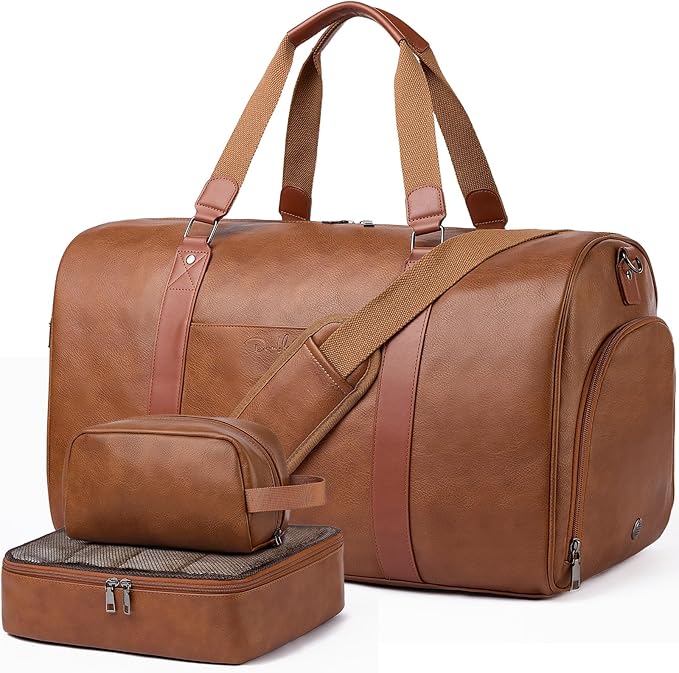 Large 3-in-1 Leather Duffle Bag for Travel Weekender Overnight Hospital Gym Bag for Men & Women, Carry On Airline Approved Personal Item Duffel Garment Bag Luggage with Shoe Compartment & Toiletry Bag by Unknown