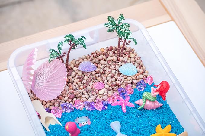 Mermaid Sensory Bin Kit for Kids | Blue Rice, Pinto Beans, Mermaids, Gems, Shells & Treasure Chest – Ocean-Themed Sensory Play with Storage Bin - Image 2