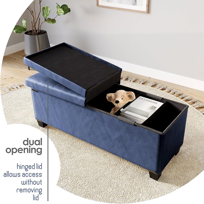 Storage Ottoman Bench with Bins, 43-in Storage Bench for Bedroom End of Bed, Folding Foot Rest Ottoman for Living Room Max 660lbs, Leather Ottomans, Blue - Image 9