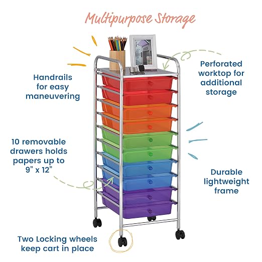 ECR4Kids 10-Drawer Everyday Mobile Storage Utility Cart, Assorted | Durable plastic bins, steel frame, GREENGUARD Gold Certified, 50 lb capacity, rolling casters, craft supplies, office, home - Image 5