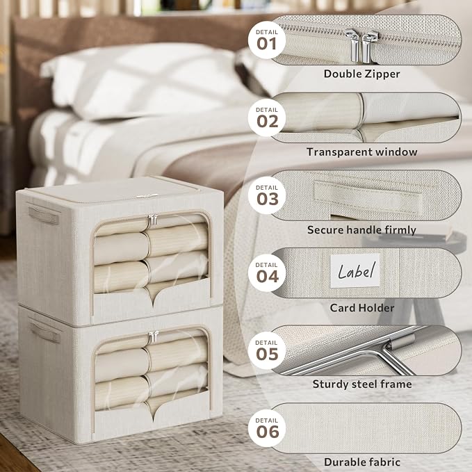 FHSQX 3 Pack Clothes Storage Bins - Foldable Metal Frame Storage Box - Stackable Linen Fabric Container Organizer Set with Carrying Handles and Clear Window (Beige, 15.7x11.8x7.8inch(22L)) - Image 4