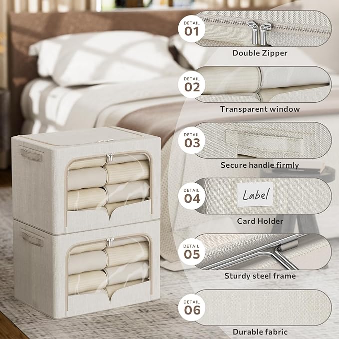 FHSQX 3 Pack Clothes Storage Bins Foldable Metal Frame Storage Box Extra Large Stackable Linen Fabric Organizer Set with Carrying Handles and Clear Window (Beige, 23.6x16.5x15.7inch(100L)) - Image 6