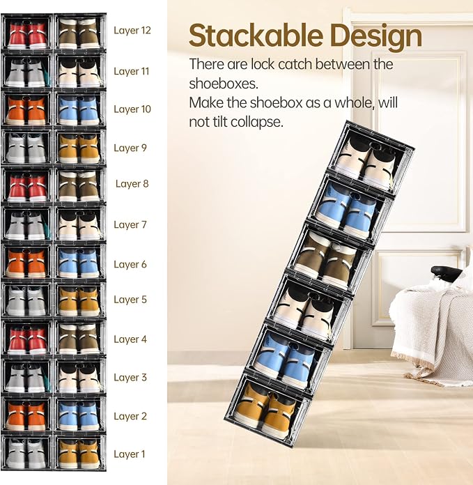 10 Pack Shoe Storage, Stackable Shoe Organizer, Clear Shoe Boxes for Closet | Plastic Shoe Containers with Magnetic Door, Sturdy Sneaker Storage Organizer, Shoe Cabinet Fit up to US Size 12 - Image 5