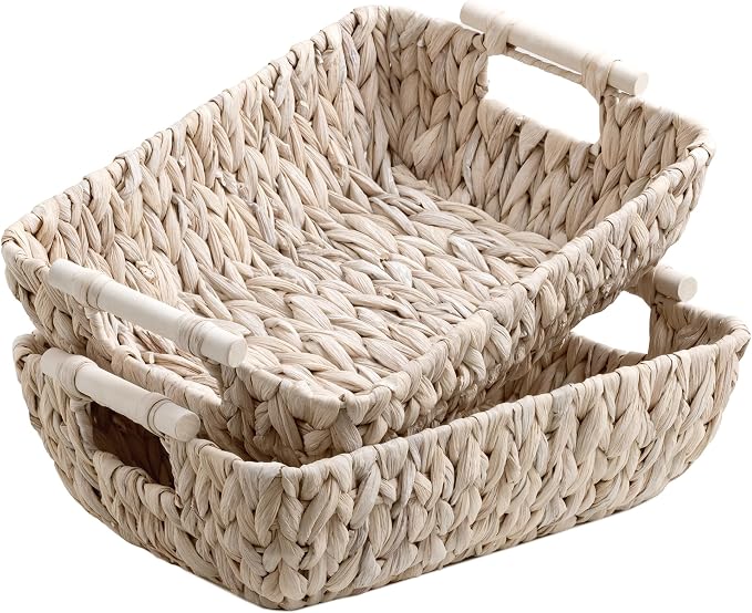 StorageWorks Wicker Baskets for Storage, Storage Baskets for Decor | Wicker Storage Baskets for Shelves, Baskets with Wooden Handles, 2-Pack Gifts Basket for Home Decor, Hand-Woven Basket by StorageWorks