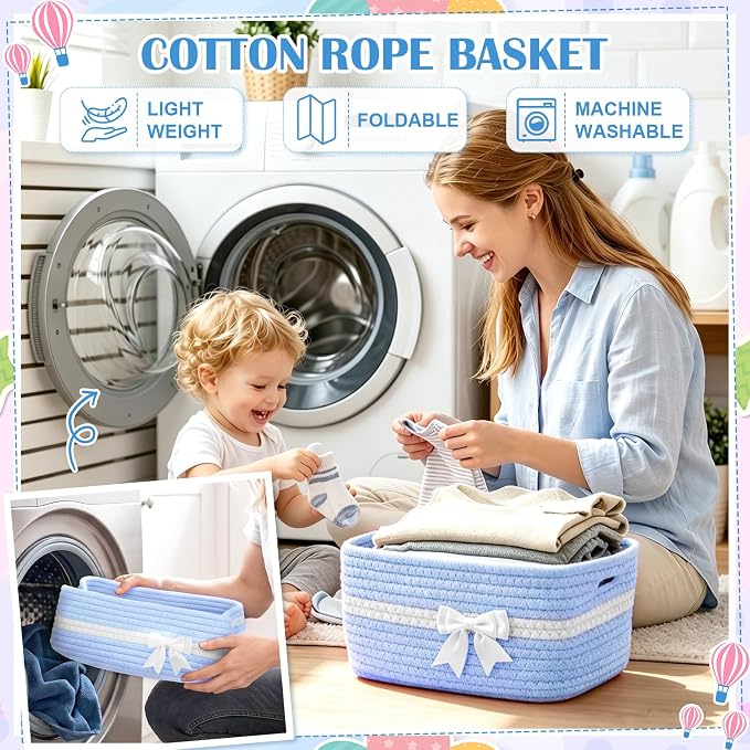10 Pack Empty Gift Baskets, 12x8x5 Small Blue Woven Cotton Rope Baskets with Gift Bags & Ribbons, Decorative Baby Shower Hamper, Nursery Storage Basket with Handles for Shelves - Image 6