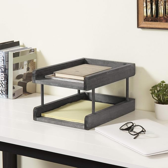 MyGift 2-Tier Rustic Gray Wood Paper File Organizer in and Out Tray/Office Desktop Document Holder Rack - Image 3