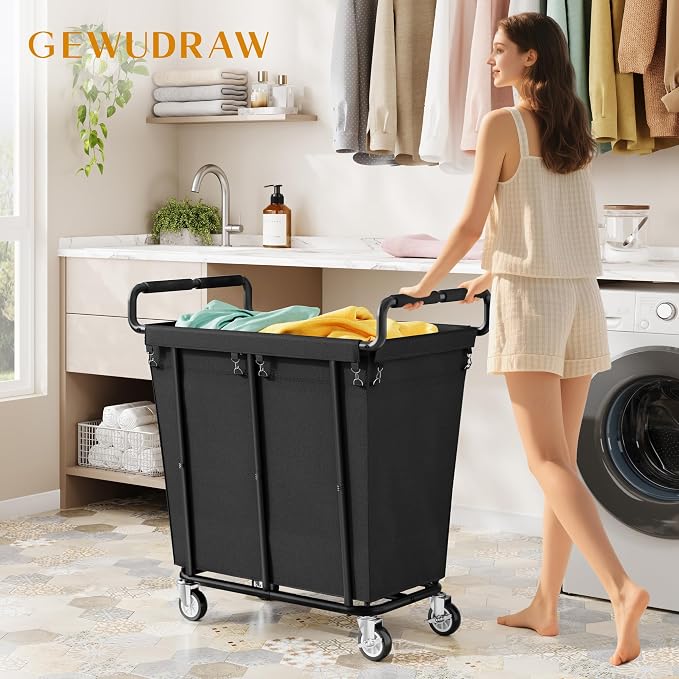 Gewudraw Medium Laundry Hamper with Wheels, 250L, Black | Rolling Laundry Basket, Heavy Duty Rolling Laundry Cart with Handle, Steel Frame, Waterproof Liner, 66 Gallons - Image 2