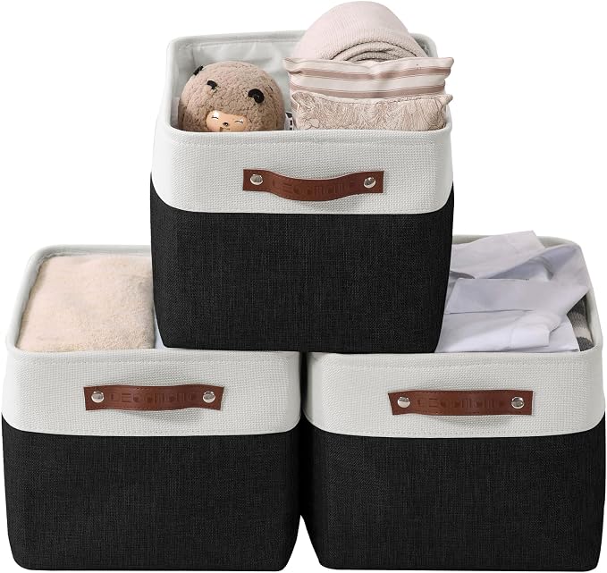 DECOMOMO Storage Bins, Extra Large Fabric Storage Baskets for Shelves 3Pack | 15.8 x 12.5 x 10 inches Decorative Linen Closet Organizers (Black & White) by DECOMOMO