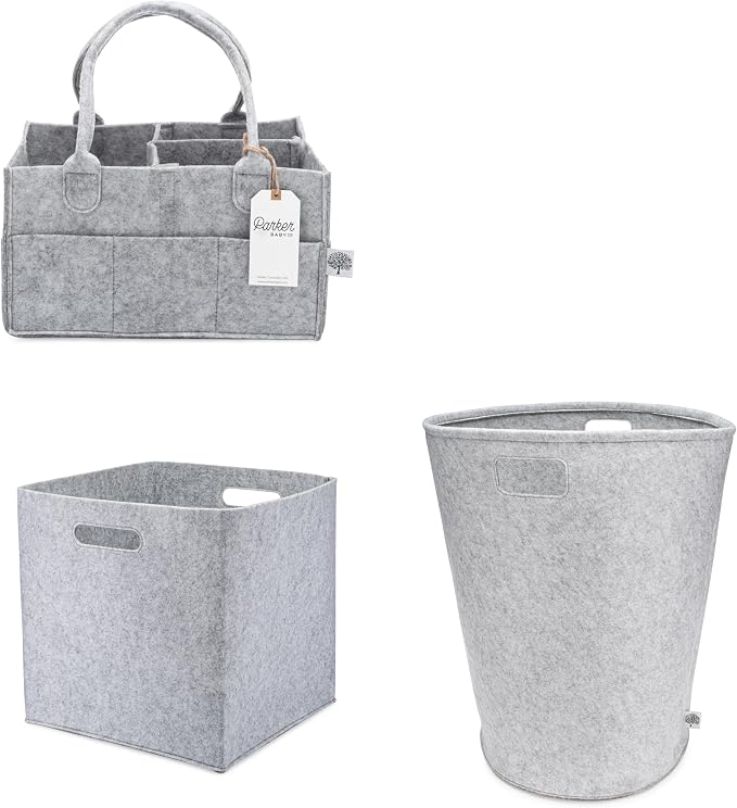 Parker Baby Co. Felt Nursery Storage Gift Set for Baby Shower - Gray | Nursery storage gift set includes: Diaper Caddy for diapers, wipes & more, large Laundry Hamper, 11" Storage Cube Bin by ParkerBabyCo