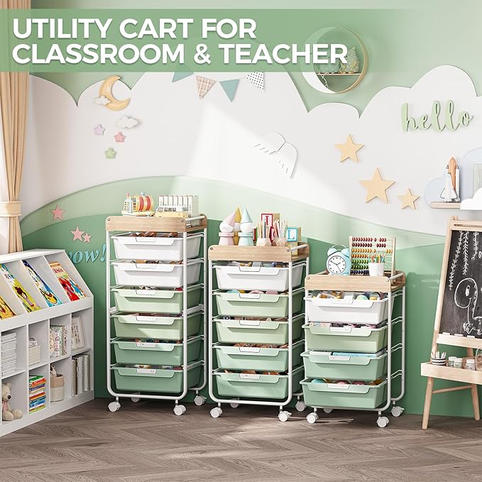 SYKIARIOL Rolling Storage Utility Cart with 4 Drawers,Art Cart,Green | Kids Craft Cart,Makeup Organizer and Storage with Wooden Tabletop - Image 6