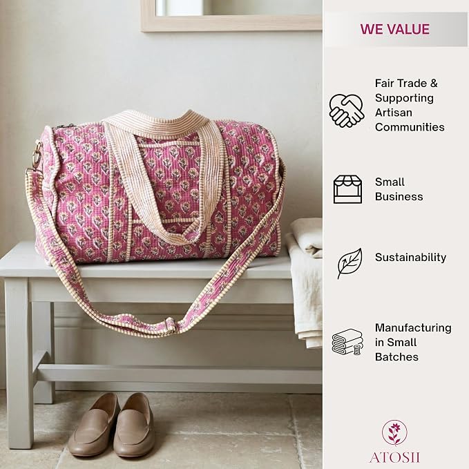 ATOSII Large Duffle Bag, Handblock Print 100% Quilted Cotton for Overnight Trip, Travel Weekender, Luggage, 2 Pockets with Zipper, 1 Front Pocket, Detachable Long Strap, 20 X 10 X 12 Inches, Berry - Image 5
