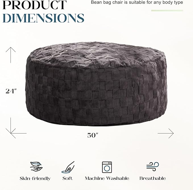 Hobestluk Adults Bean Bag Chair 5FT Big BeanBag Chair Giant Large Oversized | Memory Foam,Washable Cover,Unique Fluffy Plaid,Comfy Bean Bag with Filler Lounging Gaming Bedroom Living Room | Dark Grey 5FT - Image 2