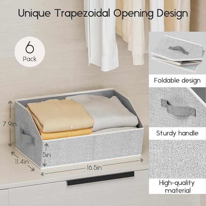 Large Closet Organizers and Storage Bins - 6 Pack Trapezoid Storage Baskets for Shelves, Foldable Fabric Baskets with Handles Ideal for Closet, Basket, Wardrobe and Shelf Storage, Light Grey - Image 2