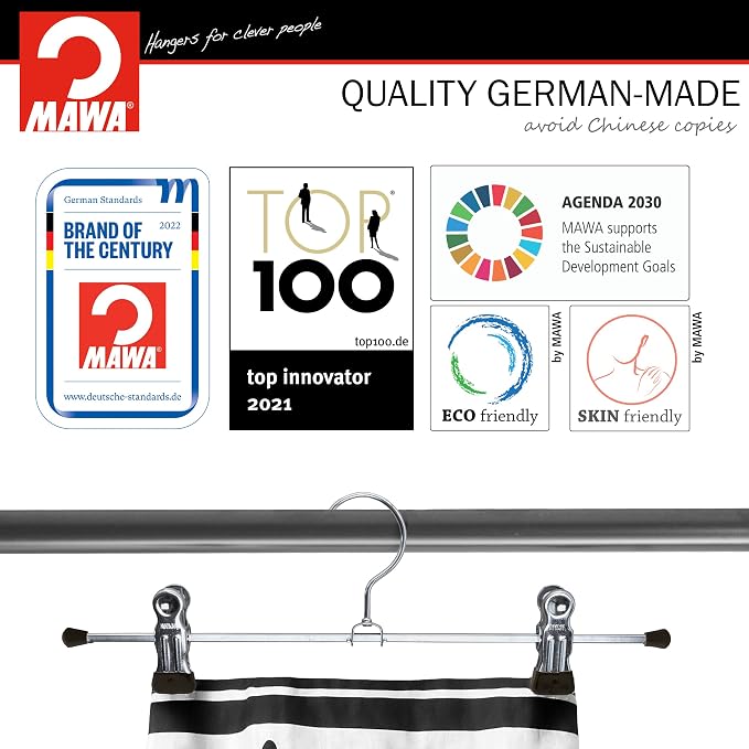 Mawa by Reston Lloyd Space-Saving Clothes Hanger for Pants and Skirts with Two Non-Slip Clips, Style K/30D, 12-Inch, Set of 12, Black - Image 4