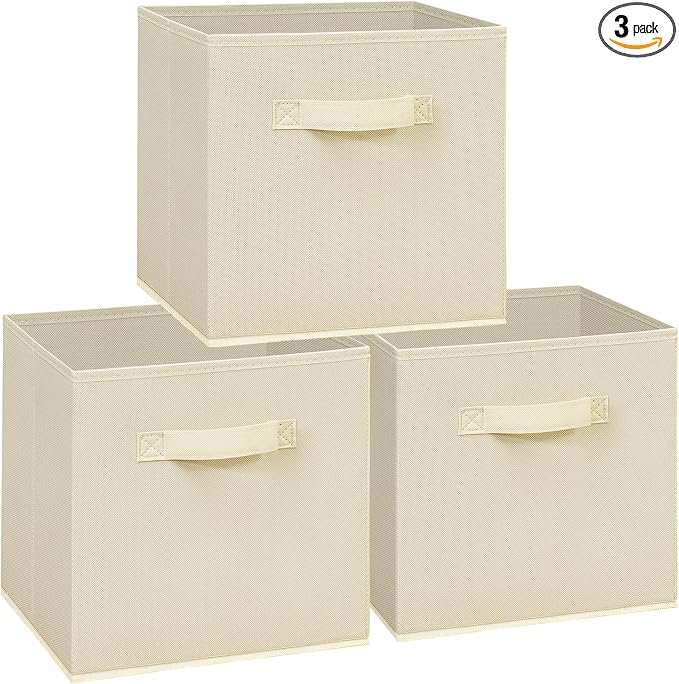 11x11 Storage Bins, Set of 3 Storage Cubes, Collapsible Cube Storage Box, Fabric Closet Organizers with Handles for Home, Office, Closet Shelf Cabinet, Bookcase, Beige by Unknown