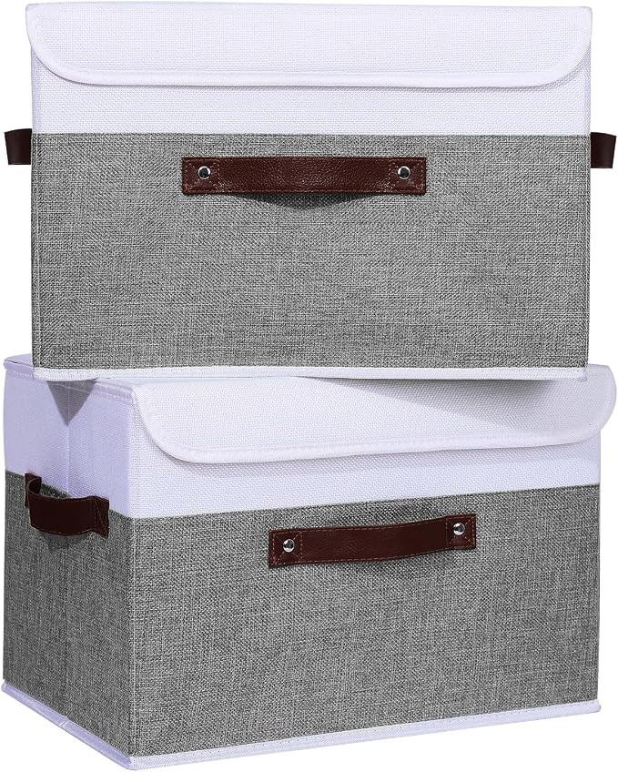 ANMINY Fabric Storage Box Bins with Lids, Gray White, 15"x10"x10", 4 Pack | Keepsake Memory Storage, Cotton Linen, PP Board Reinforced, Washable, PU Handles, Foldable & Stackable, Decorative, Large - Image 2
