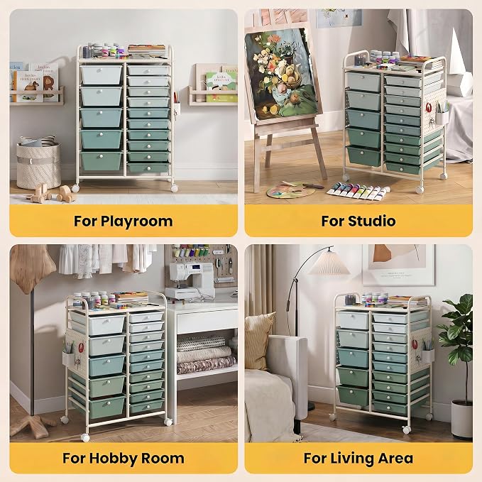 DREAMADE 15-Drawer Rolling Storage Cart, Craft Cart, Gradient Green | Mobile Utility Cart with Metal Pegboard Panels, Tabletop and Lockable Wheels for Classroom, Office, Studio and Playroom - Image 8