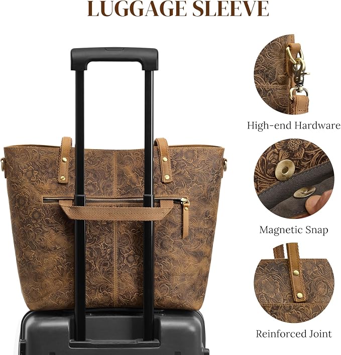 S-ZONE Leather Tote Bag for Women Large Work Totes Designer Handbags | Vintage Grain Crazy Horse Leather, Adjustable Strap, Fits 14" Laptop, Multi Pockets, Rose Embossed Tote, Travel Daily - Image 5