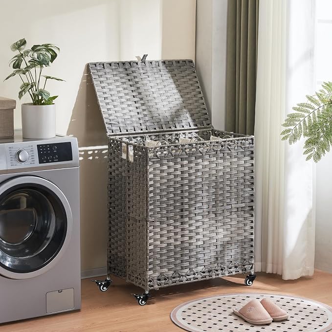 Laundry Hamper with Wheels&Lid, 50.2 Gallons(190L) Rolling Laundry Basket with Wheels, 3-Section Laundry Hamper, Handwoven Rattan Clothes Hamper with 6 Removable Liner& 3 Mesh Laundry Bags, Grey - Image 3
