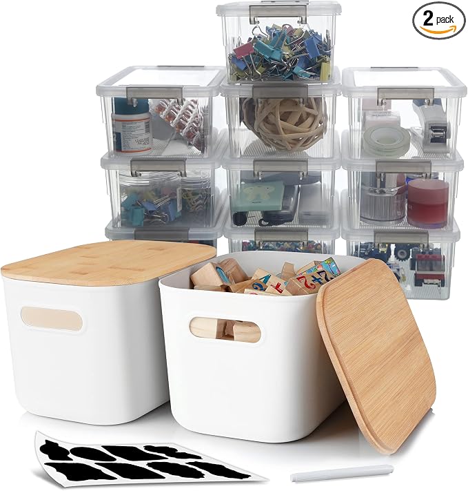Citylife 2 PCS Storage Bins with Bamboo Lids & 10 PCS 1.3 QT Small Plastic Storage Container Stackable Box for Organizing by Citylife