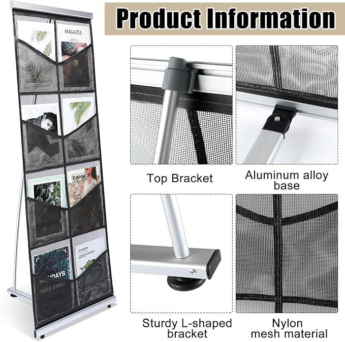 Outus Mesh Literature Brochure Holder with 8 Pocket Portable Magazine Display Roll Up Magazine Rack Lightweight Floor Standing Catalog Office Brochure Display Stand for Business Trade Shows (Black) - Image 7
