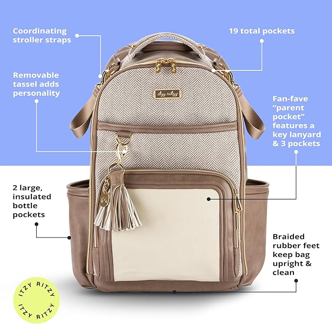 Itzy Ritzy Boss Plus Diaper Bag Backpack with 19 Pockets (Vanilla Latte) | Large Diaper Bag Backpack Includes 2 Insulated Bottle Pockets, Changing Pad, Stroller Clips, Padded Straps, Travel-Ready - Image 5