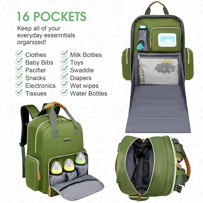Diaper Bag Backpack with Changing Station, Baby Diaper Organizer Travel Bag | Large Capacity Diaper Bag for Moms Dads - Fold Out Changing Pad, Insulated Pockets, Stroller Straps, Baby Eessentials - Image 3