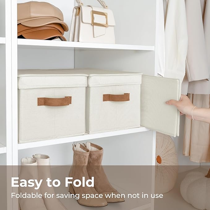 StorageWorks Closet Storage Bins, Fabric Storage Bins with Lids | Lidded Dust-proof, Easy Pull Handles, Foldable, Stackable, Ideal for Clothes Blanket Towel, Large, Ivory, 3-Pack - Image 3