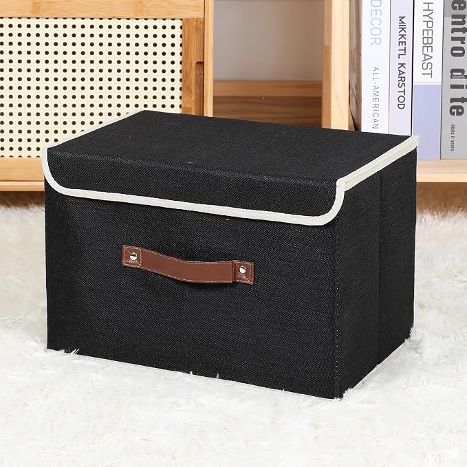 ANMINY Fabric Storage Box Bins with Lids, Black, 13"x9"x7.9", 2 Pack | Keepsake Memory Storage, Cotton Linen, PP Board Reinforced, Washable, PU Handles, Foldable & Stackable, Decorative, Medium - Image 7