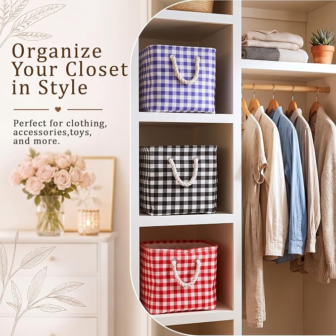 6 Pack Gingham Storage Bins, 11 Inch Cube Fabric Storage Baskets | Foldable Fabric Cube Baskets with Reinforced Handle,Checkered Classroom Storage Bins, for Shelves, Closets, Room Organization - Image 4