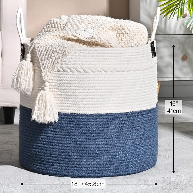 KAKAMAY Large Blanket Basket (18"x18"x16"),Woven Baby Laundry Hamper for Storage, Cotton Rope Blankets Baskets for Nursery, Laundry, Living Room, Pillows, Baby Toy chest with Handles (Navyblue) - Image 6