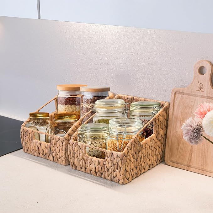 KOKODO 2-Pack Open Front Pantry Baskets, Handwoven Water Hyacinth Wicker Storage Baskets with Built-in Handles, Organizing Bins for Shelves - Image 5